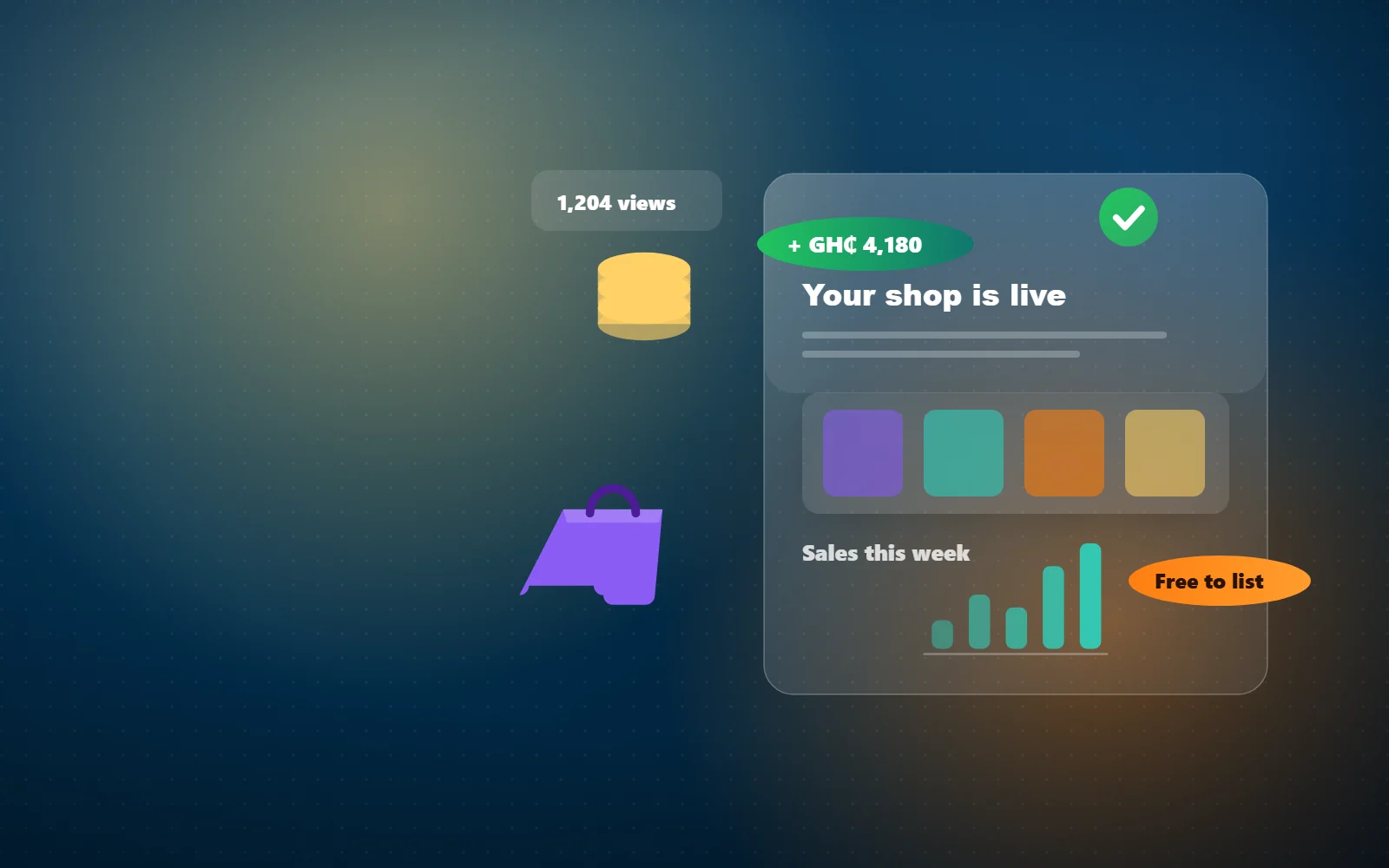 Illustration of a seller dashboard with sales charts, a payout badge and coins