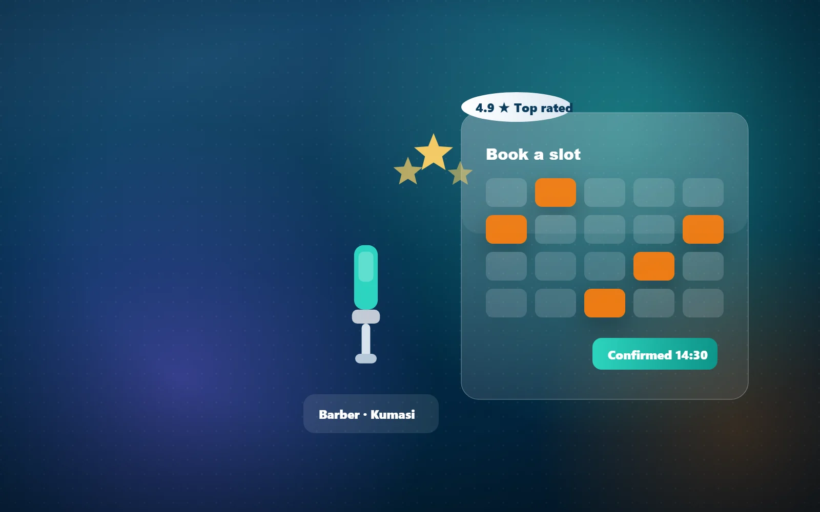 Illustration of a booking calendar with confirmed slots, a barber tool and a rating chip