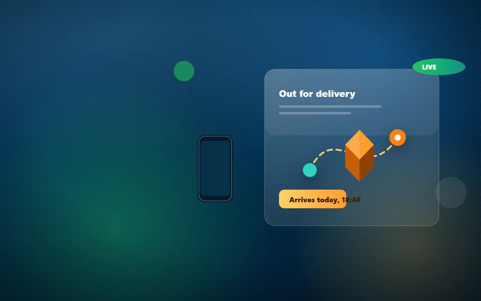 Illustration of a delivery route with pins, a parcel and a live tracking badge